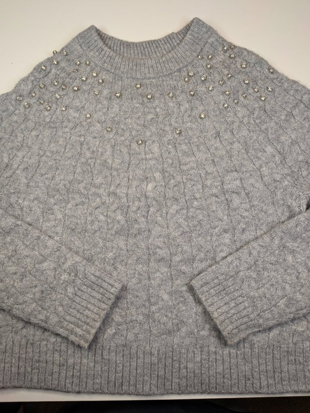 A New Day Women's Gray Cable Knit Sweater Beaded Crewneck Size S